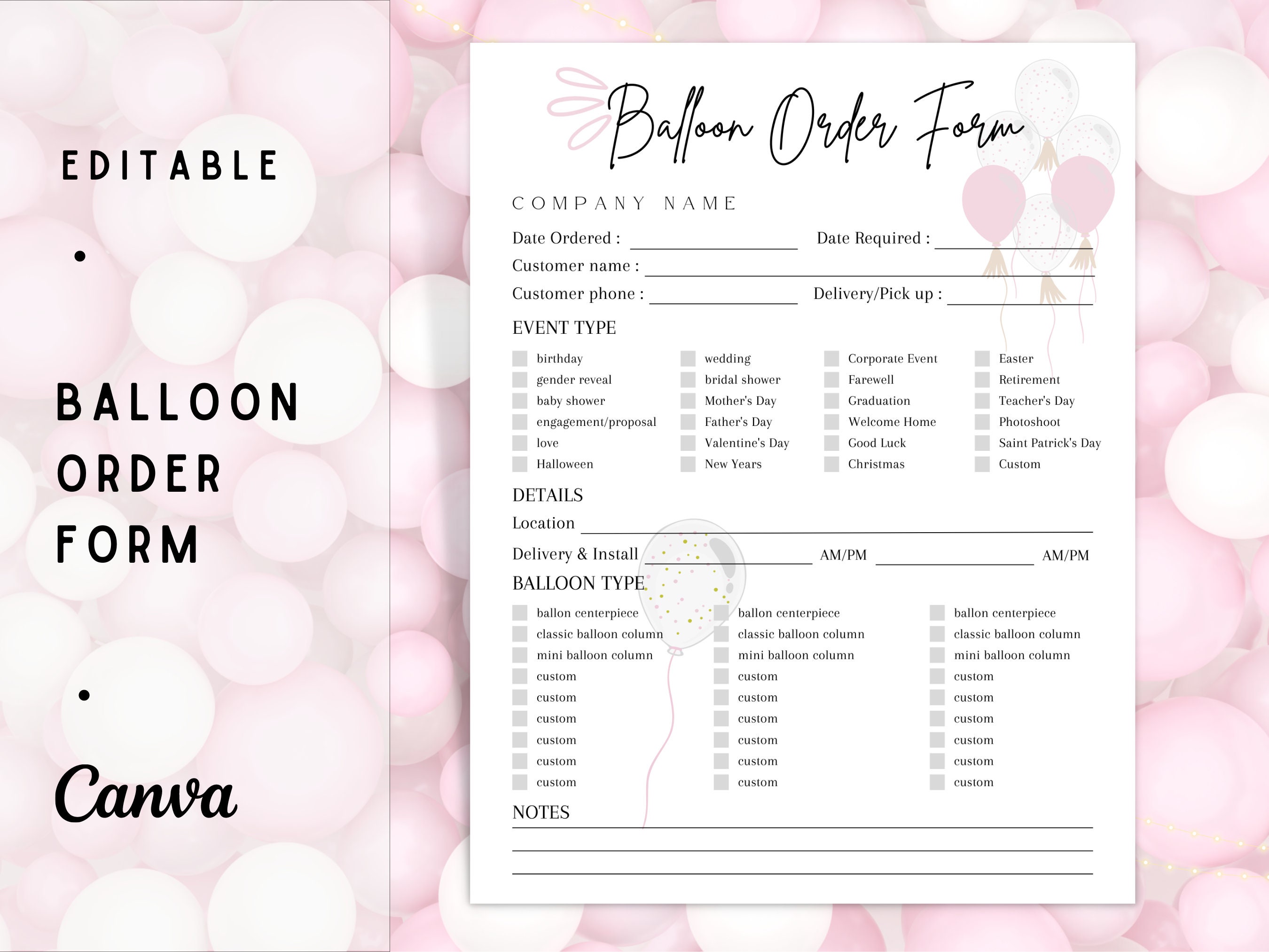 BALLOON ORDER Form Template Editable Balloon Order Tracker Etsy
