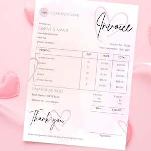 Peut inclure: Une facture rose et blanche avec un motif de cœur. La facture comprend des champs pour les informations du client, les détails des produits et les informations de paiement. Le mot "Invoice" est écrit dans une police script. Les mots "Thank you" sont également écrits sur la facture.