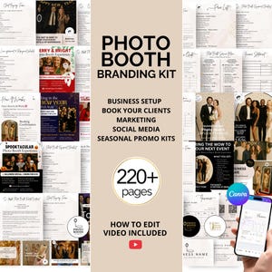 Kit per il branding di cabine fotografiche: modelli Canva modificabili per biglietti da visita, volantini, menù dei prezzi e loghi per startup di cabine a 360° e fornitori di eventi