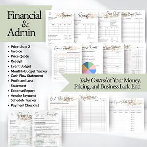 Wedding planner financial templates including invoice, receipt, price quote, wedding budget tracker, monthly budget planner, cash flow statement, profit and loss sheet, expense report, and vendor payment schedule for wedding planners and wedding planning businesses.