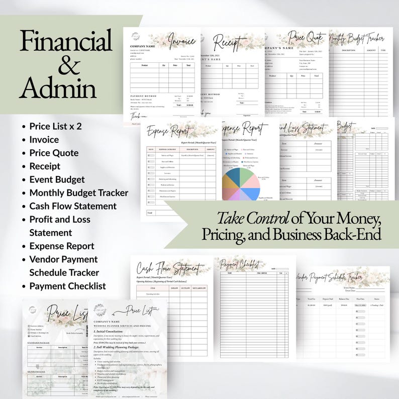 Wedding planner financial templates including invoice, receipt, price quote, wedding budget tracker, monthly budget planner, cash flow statement, profit and loss sheet, expense report, and vendor payment schedule for wedding planners and wedding planning businesses.