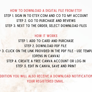 Puede incluir: Un fondo blanco con texto rosa que explica c&oacute;mo descargar un archivo digital de Etsy. El texto incluye los pasos sobre c&oacute;mo agregar al carrito, descargar un archivo PDF y usar la plantilla en Canva.