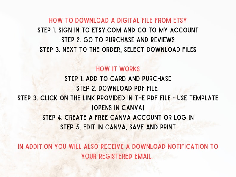 Puede incluir: Un fondo blanco con texto rosa que explica c&oacute;mo descargar un archivo digital de Etsy. El texto incluye los pasos sobre c&oacute;mo agregar al carrito, descargar un archivo PDF y usar la plantilla en Canva.