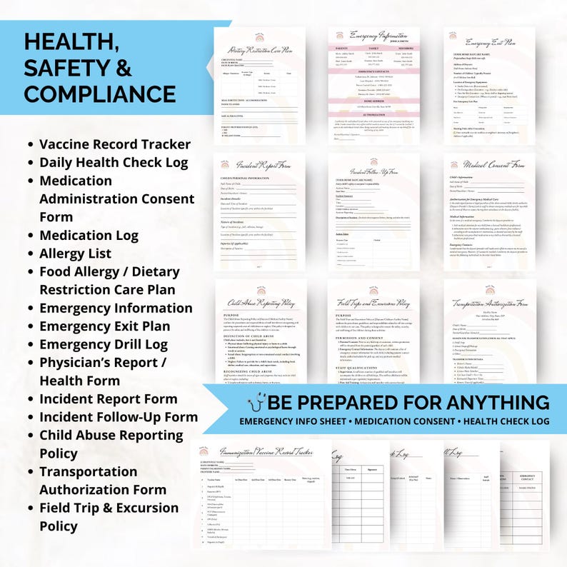 Health and safety forms for home daycares including emergency contact sheets, immunization trackers, allergy plans, medication logs, and daily health check forms