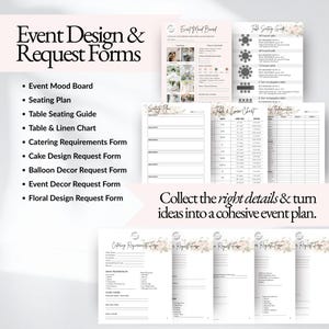 Wedding planner design templates including wedding mood board, seating plan, table seating guide, linen chart, catering requirements form, floral request form, balloon decor request, and wedding decor planning templates for wedding planners and event designers.