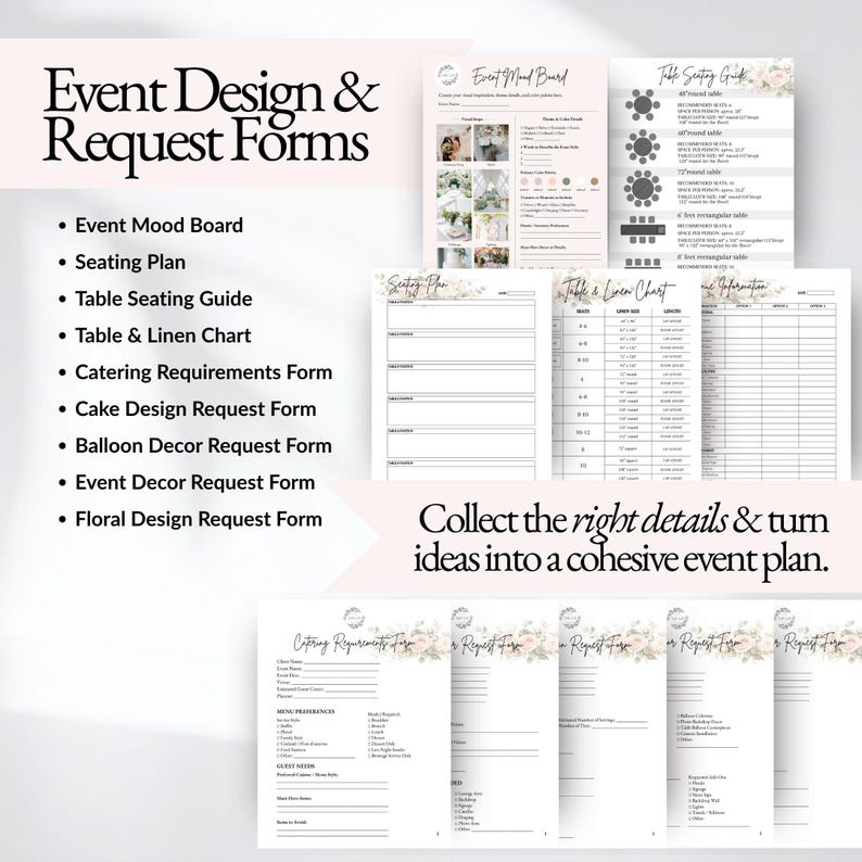 Wedding planner design templates including wedding mood board, seating plan, table seating guide, linen chart, catering requirements form, floral request form, balloon decor request, and wedding decor planning templates for wedding planners and event designers.