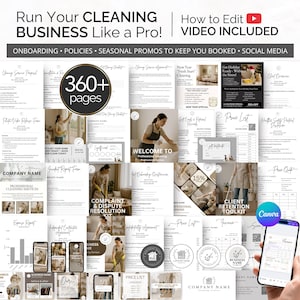 Op de afbeelding: Een digitale productbundel voor schoonmaakbedrijven. De afbeelding toont een verzameling sjablonen, formulieren en handleidingen, waaronder onboarding, beleid en promotiemateriaal. De tekst bevat "Run Your Cleaning Business Like a Pro!" en "360+ pagina's".