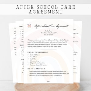 May include: A printable after school care agreement form with a rainbow design. The form includes sections for the facility name, address, and phone number, as well as information about the child and the services provided.