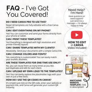Puede incluir: Gr&aacute;fico con el texto "FAQ - I've Got You Covered!" y respuestas a preguntas frecuentes sobre plantillas de Canva. Incluye un enlace de video de YouTube y un enlace de plantilla de Squarespace. Se muestra un tel&eacute;fono y una tableta.