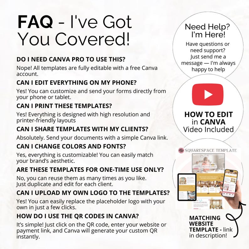 Puede incluir: Gr&aacute;fico con el texto "FAQ - I've Got You Covered!" y respuestas a preguntas frecuentes sobre plantillas de Canva. Incluye un enlace de video de YouTube y un enlace de plantilla de Squarespace. Se muestra un tel&eacute;fono y una tableta.