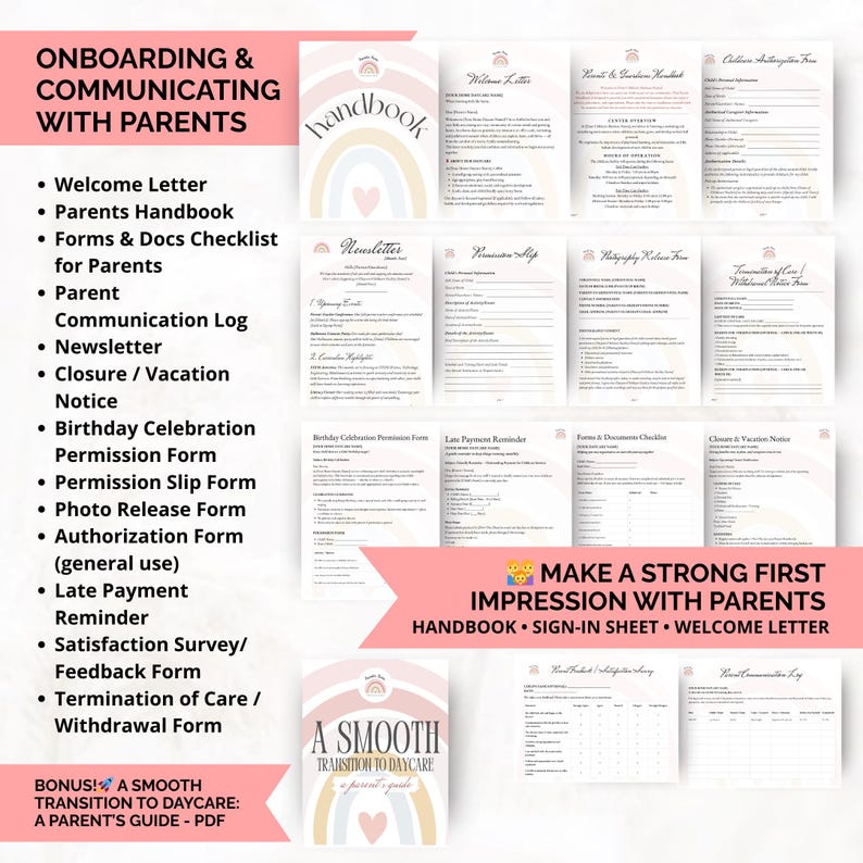 Parent communication templates for daycare centers with daily reports, permission slips, and newsletters