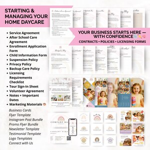 Business startup templates for new home daycare providers including licensing checklist, business plan, daily schedule, and child info form — all editable in Canva.