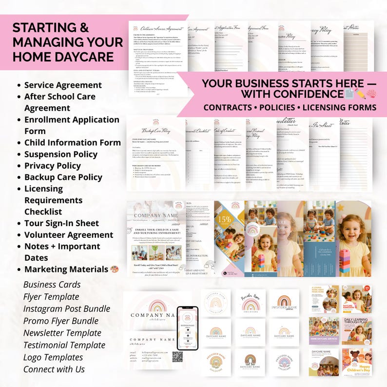 Business startup templates for new home daycare providers including licensing checklist, business plan, daily schedule, and child info form — all editable in Canva.