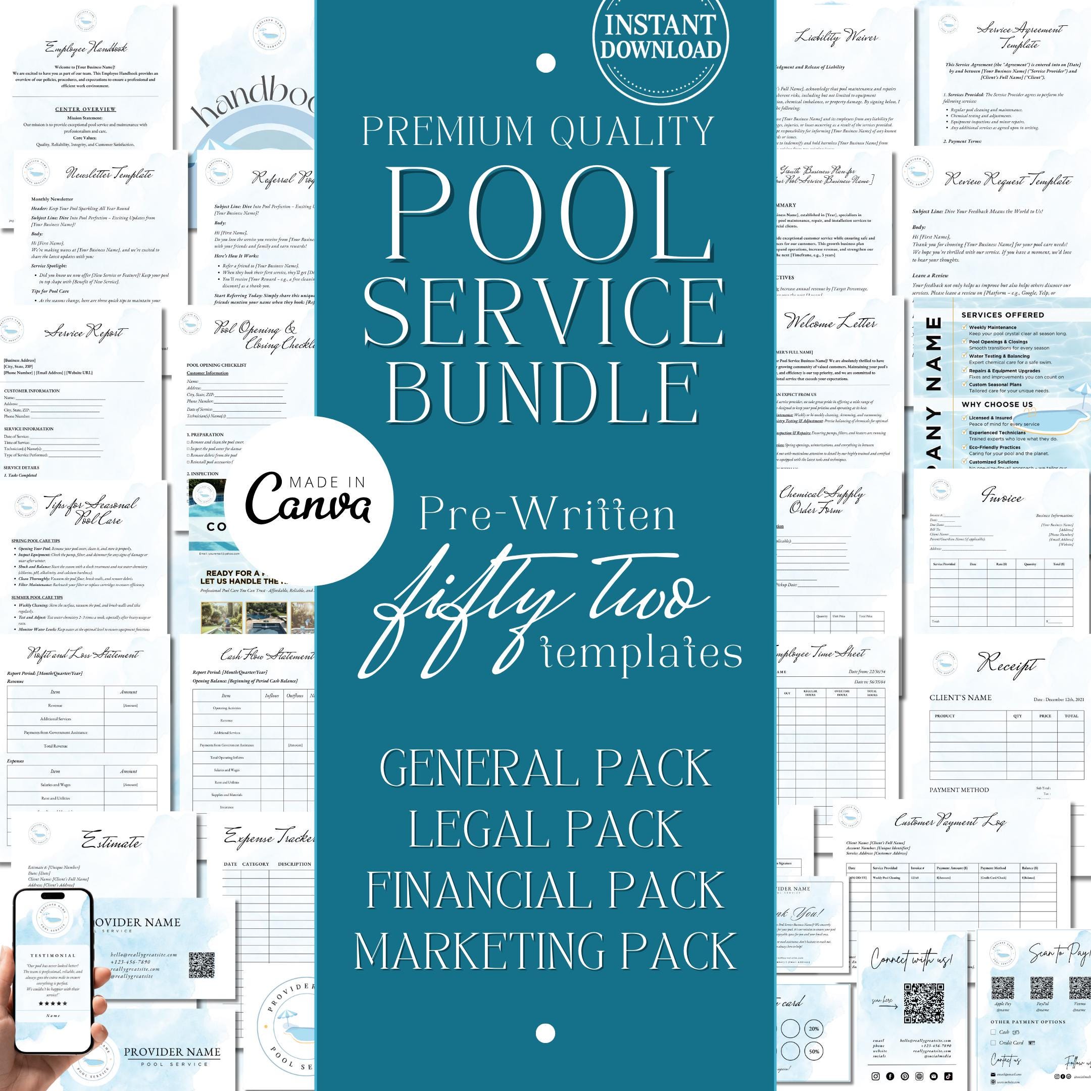 Pool Quotes Invoice Example POOL SERVICE BUSINESS Bundle – Editable Canva Cleaning Forms, Service ...