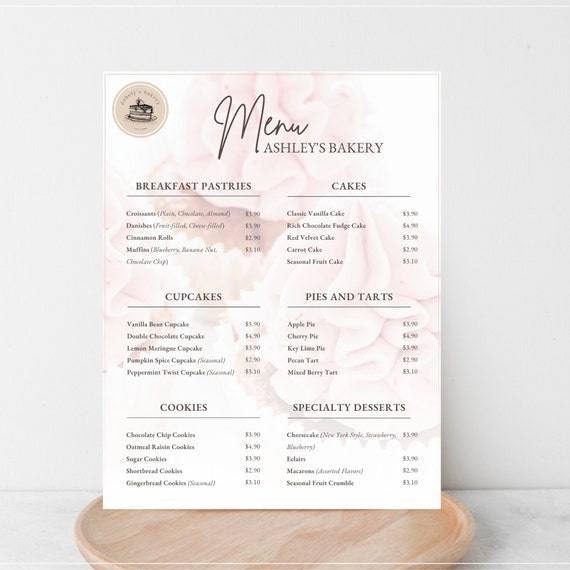 BAKERY PRICE LIST, Price List Template Bakery, Bakery Menu Template with Logo, Price List Menu for Bakery, Cake Price List Template Canva