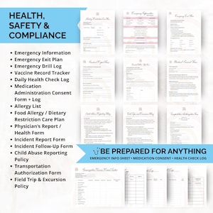 Health and safety forms for daycare compliance including immunization tracker, drill log, and incident reports.