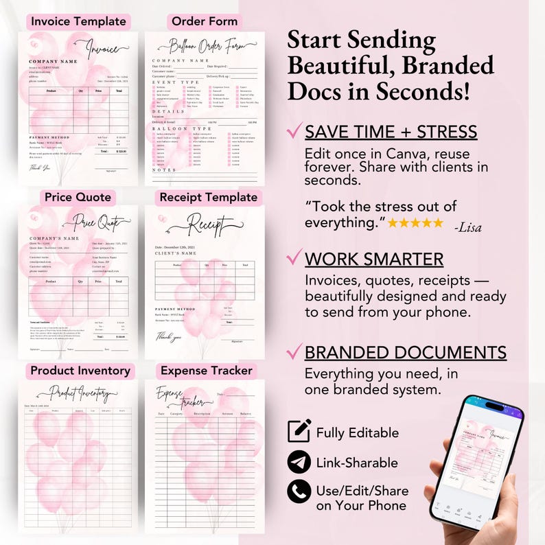Coordinated balloon order form, invoice, price quote, and receipt templates—fully editable for balloon business branding and client communication.