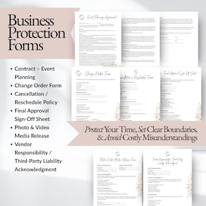 Event planner contract templates and business protection forms including event planning agreement, cancellation policy, change order form, vendor responsibility agreement, and media release documents designed for wedding planners and event planning businesses to protect services and set clear client expectations.