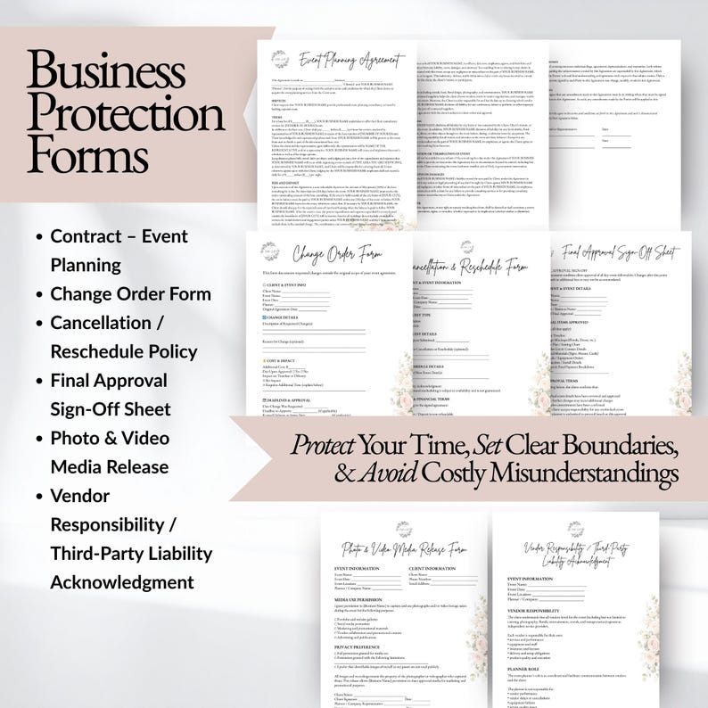 Event planner contract templates and business protection forms including event planning agreement, cancellation policy, change order form, vendor responsibility agreement, and media release documents designed for wedding planners and event planning businesses to protect services and set clear client expectations.
