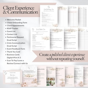 Event planner client onboarding templates including welcome packet, client onboarding form, RSVP tracker, guest list manager, testimonial request email, and event feedback forms designed to improve client communication and streamline event planning workflows for wedding planners and party planners.