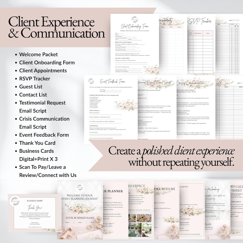Event planner client onboarding templates including welcome packet, client onboarding form, RSVP tracker, guest list manager, testimonial request email, and event feedback forms designed to improve client communication and streamline event planning workflows for wedding planners and party planners.