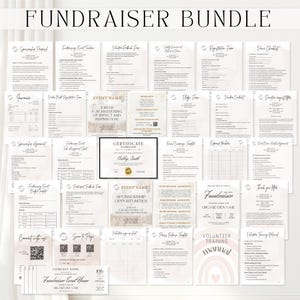 Puede incluir: Un conjunto de documentos imprimibles para planificar y organizar un evento de recaudación de fondos. Los documentos incluyen una propuesta de patrocinio, una línea de tiempo del evento, un formulario de comentarios de voluntarios, un formulario de registro, un contrato de proveedor, un recibo de donación y más. Los documentos están diseñados con un esquema de color marrón claro y dorado.