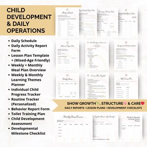 Daily operations and child development templates like progress tracker, lesson plans, and activity reports