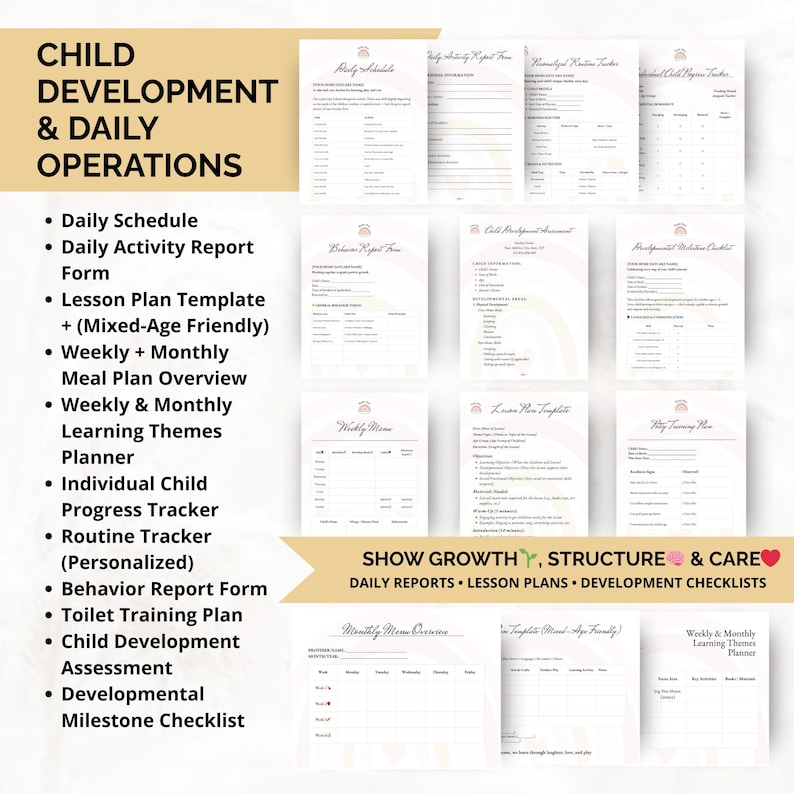 Daily operations and child development templates like progress tracker, lesson plans, and activity reports