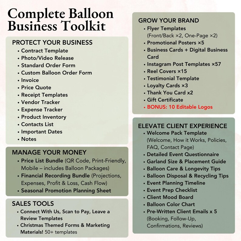 Canva editable balloon order forms and brand kit for balloon decorators and party planners looking to streamline operations.