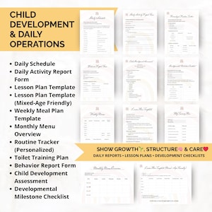 Editable child development tools for daycare providers including daily reports, lesson plans, behavior logs, and potty training trackers to support structured routines.