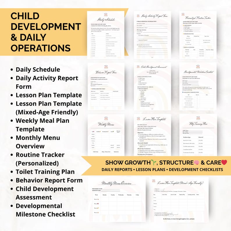 Editable child development tools for daycare providers including daily reports, lesson plans, behavior logs, and potty training trackers to support structured routines.