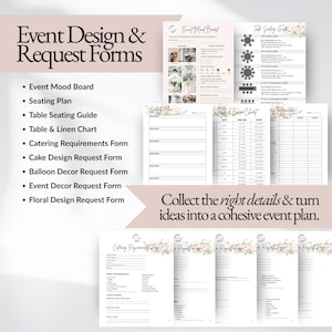 Event design planning templates including event mood board, seating chart, table seating guide, linen chart, catering request form, floral design request form, balloon decor request template, and event decor planning forms for wedding planners and event stylists.