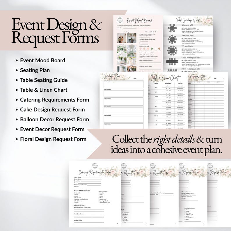 Event design planning templates including event mood board, seating chart, table seating guide, linen chart, catering request form, floral design request form, balloon decor request template, and event decor planning forms for wedding planners and event stylists.
