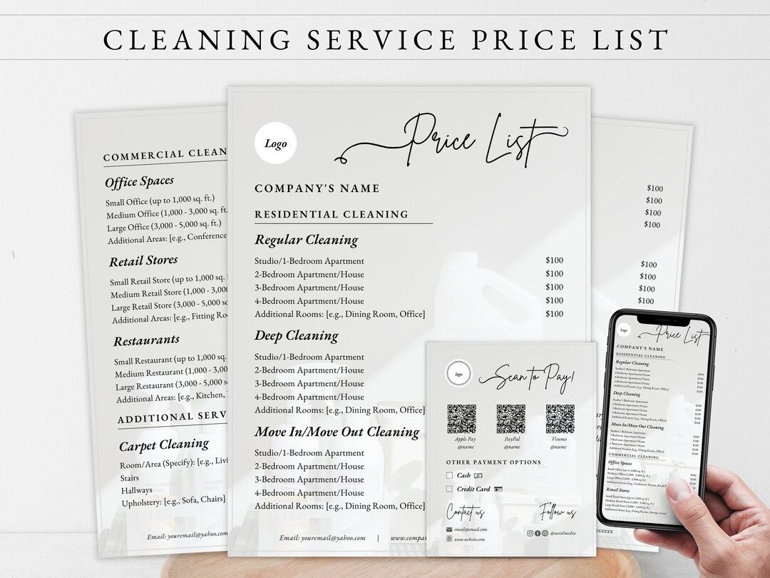 CLEANING BUSINESS PRICE List, Cleaning Service Price List, Commercial