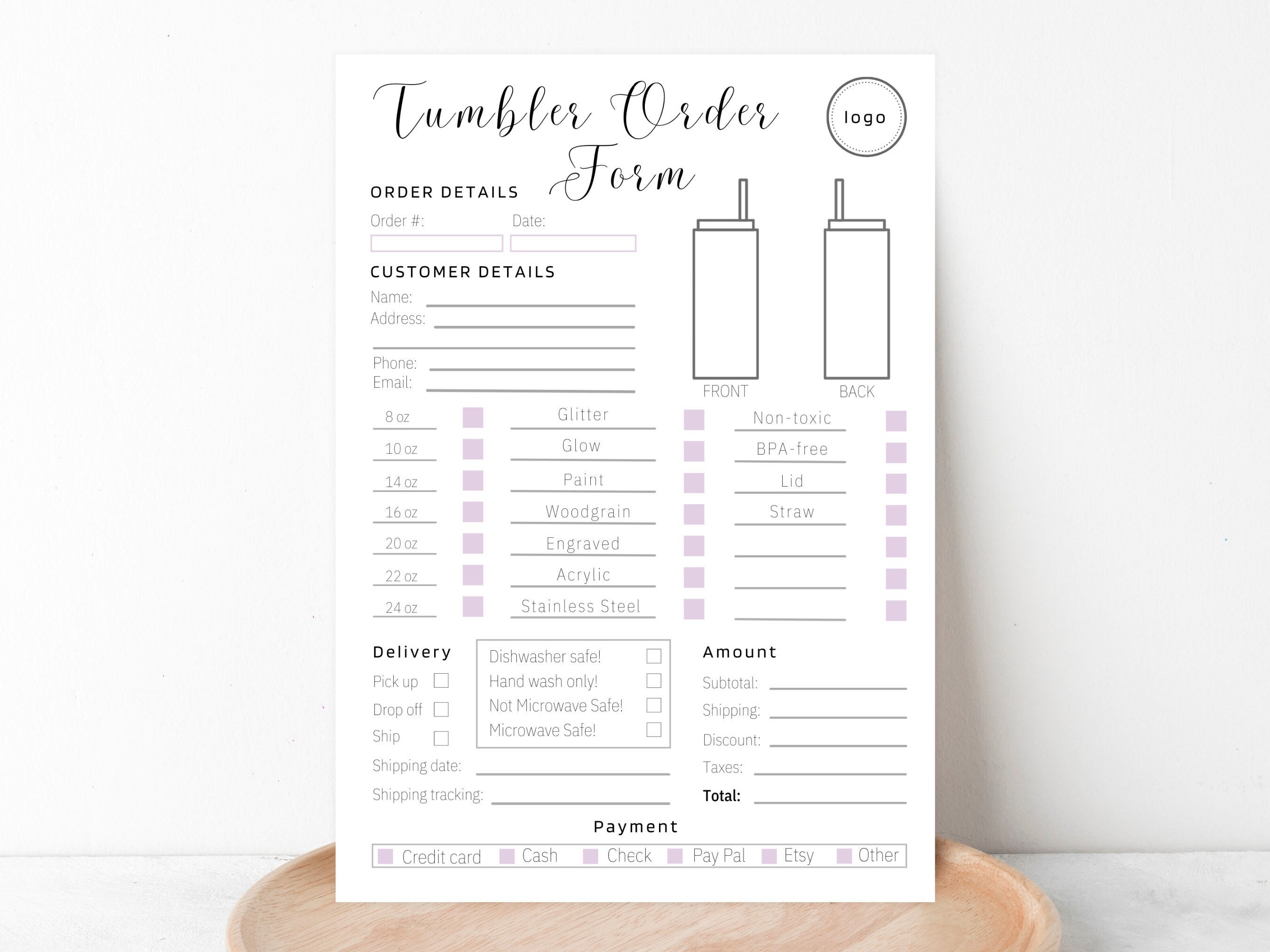 tumbler order form, editable tumbler order form template, tumbler
