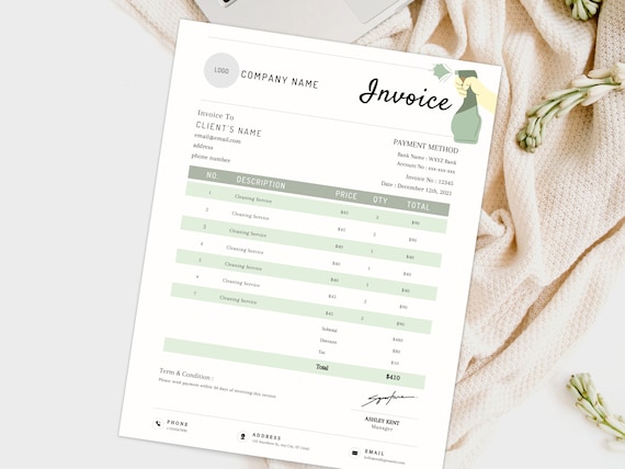 CLEANING INVOICE TEMPLATE, Editable Residential Cleaning Service Invoice Canva Template, Commercial Cleaning Invoice Document