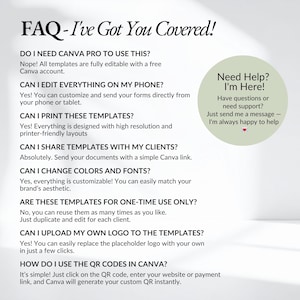 Wedding planner business template FAQ image answering common questions about Canva editing, printing, sharing forms with clients, changing fonts and colors, and using editable wedding planning templates for multiple weddings and client projects.