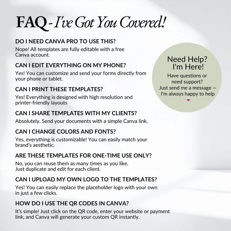 Wedding planner business template FAQ image answering common questions about Canva editing, printing, sharing forms with clients, changing fonts and colors, and using editable wedding planning templates for multiple weddings and client projects.