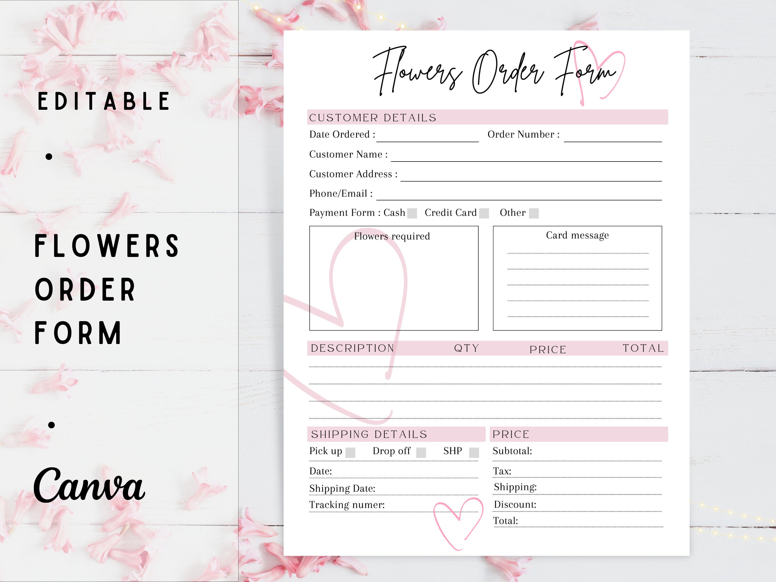 EDITABLE FLORIST ORDER Form, Printable Flowers Order Form Template ...
