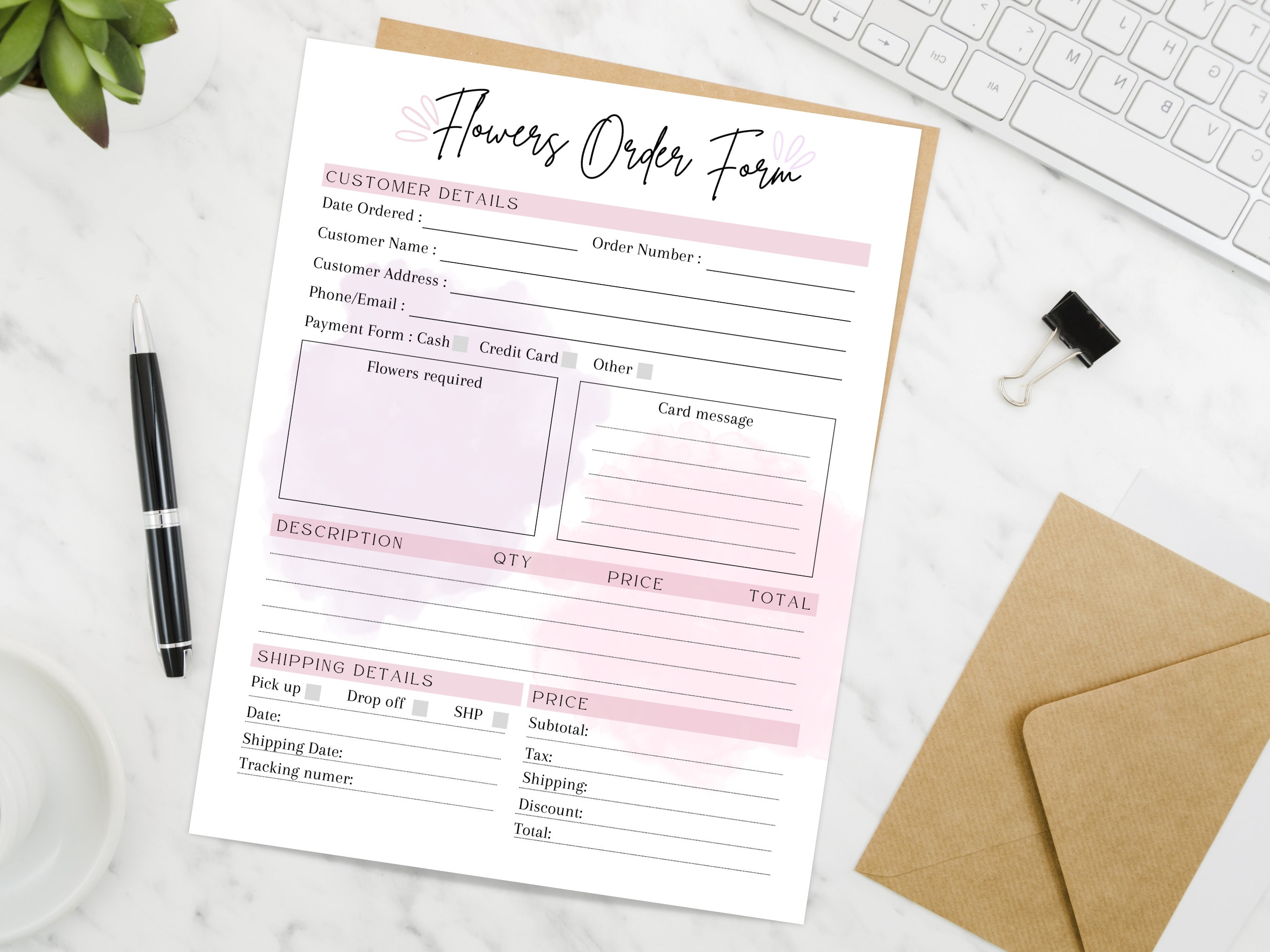 PRINTABLE FLORIST ORDER Form, Editable Flowers Order Form Template ...