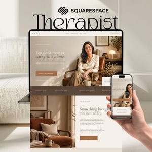 Könnte beinhalten: Ein Laptop und ein Smartphone zeigen die Website eines Therapeuten namens Solace. Die Website verwendet eine neutrale Farbpalette, den Text You don't have to carry this alone und ein Bild einer Person in einem braunen Ledersessel.