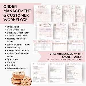 Cake order form, cupcake order form, holiday preorder sheet, and weekly order tracker printables for bakery businesses. Organized templates for custom cake requests and client orders. Perfect for home bakers needing efficient customer workflow systems.