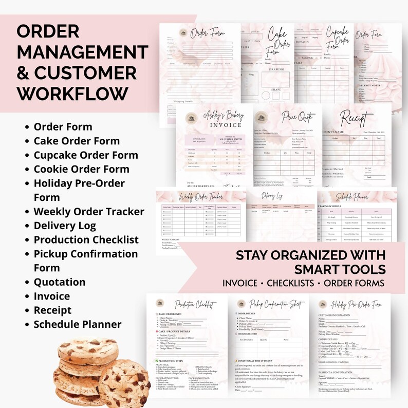Cake order form, cupcake order form, holiday preorder sheet, and weekly order tracker printables for bakery businesses. Organized templates for custom cake requests and client orders. Perfect for home bakers needing efficient customer workflow systems.