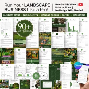 May include: A digital collection of over 90 templates for landscape businesses, including forms, checklists, and marketing materials. The image features various documents with text such as "Summer Lawn Care" and "Client Contract". The Canva logo is also visible.