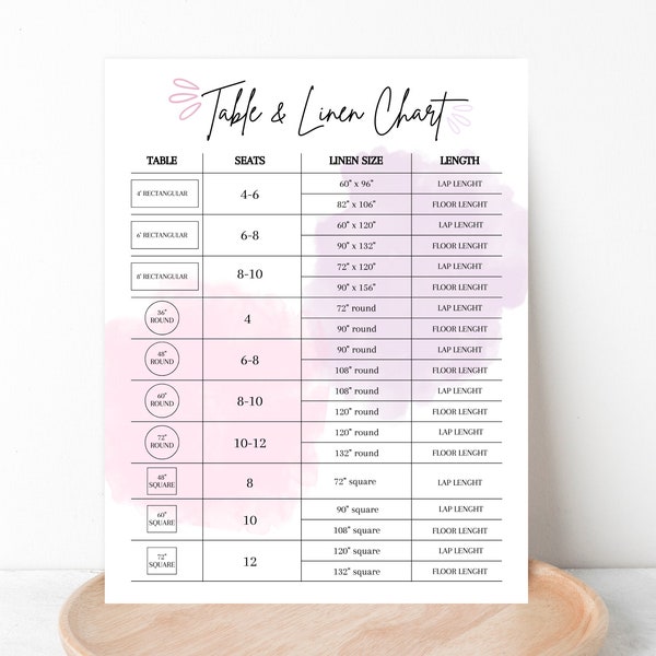 PRINTABLE TABLE and LINEN Size Chart, Seating Chart Planner Template, Tablecloth Size Guide, Seating Arrangements, Wedding Tables Planner