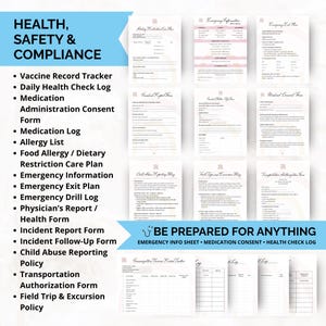 Health and safety forms for home daycares including emergency contact sheets, immunization trackers, allergy plans, medication logs, and daily health check forms.