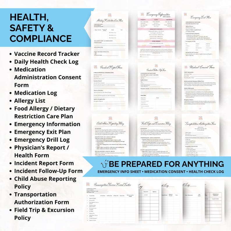 Health and safety forms for home daycares including emergency contact sheets, immunization trackers, allergy plans, medication logs, and daily health check forms.