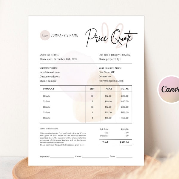 PRICE QUOTATION TEMPLATE, Editable Quotation Sheet Canva Template, Price Offer Doc for Small Business, Printable Price Estimate Template