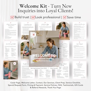 Cleaning company startup toolkit including editable forms, price lists, contracts, and holiday promo graphics