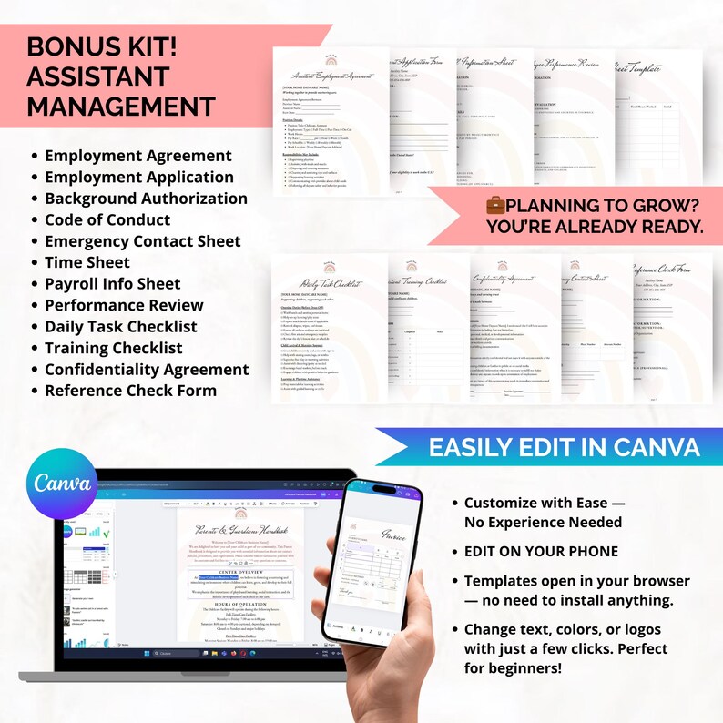 Staff management templates for growing daycares including employment agreements, training checklists, performance reviews, payroll info, and confidentiality forms.